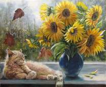 Без бренда «Подсолнухи в синей вазе возле кота» в Кемерово