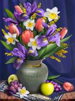 Натюрморт с букетом, яблоками и виноградом