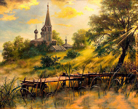Картина по номерам 40x50 Солнечный день на причале с видом на церквушку