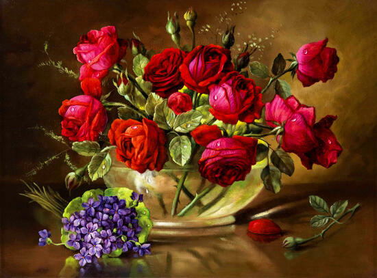 Картина по номерам 40x50 Букет красных роз и фиолетовых цветочков