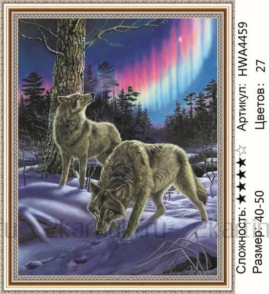 Алмазная мозаика 40x50 Серые волки на фоне северного сияния
