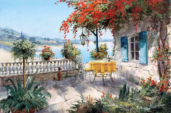 Картина по номерам 40x50 Терраса у дома с видом на берег моря