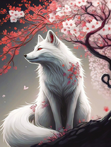 Белая лиса под цветущей сакурой