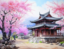 Китайский пейзаж с цветущей сакурой