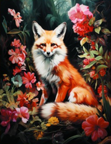 Пушистая лиса среди ярких цветов