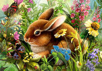 Милый кролик среди бабочек и цветов