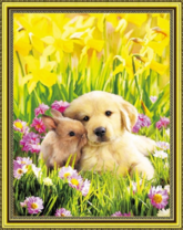 Щенок с кроликом в цветущих нарциссах