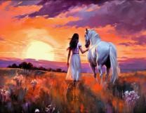 Девушка и белая лошадь уходят в закат