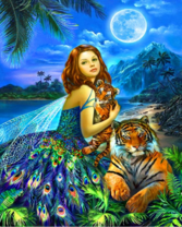 Фея с тиграми под луной у моря